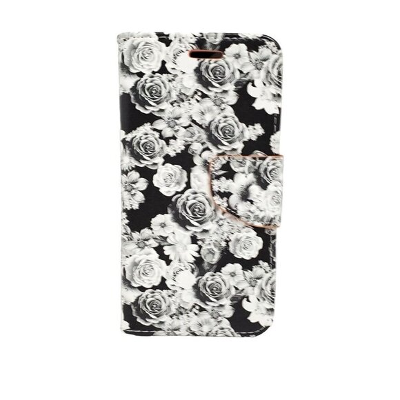 Roses Wallet Magnetic IPhone 12 / 12 pro Case Black White Pink - Picture 1 of 5
